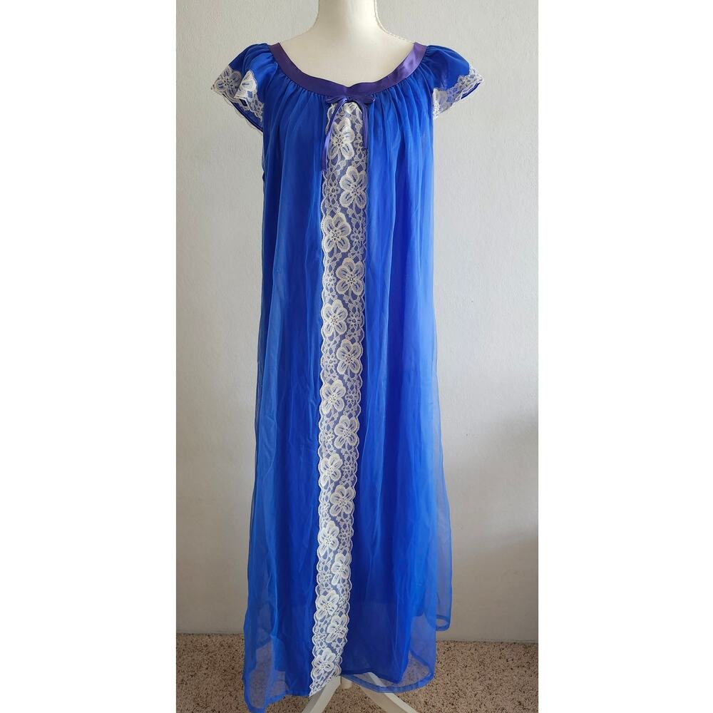 Vintage Erica Loren New York Blue Nylon Chiffon Nightgown Lace 1960s 70s Large